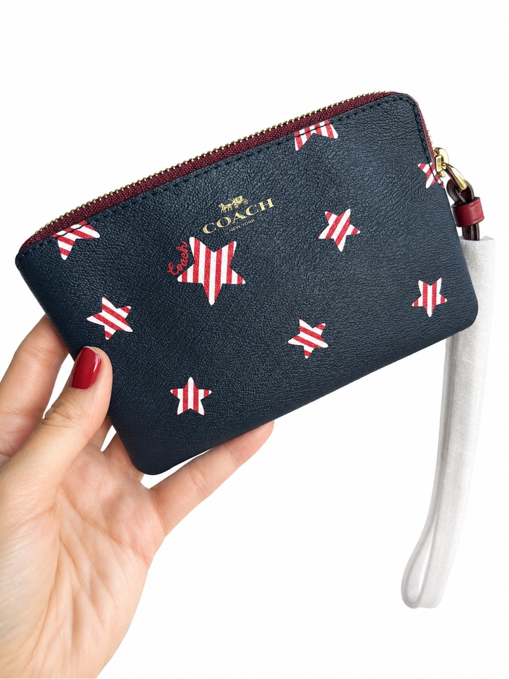 NWT Coach Patriotic Star Print Wristlet Navy Red White Zip Pouch w/ Packaging - Picture 3 of 6